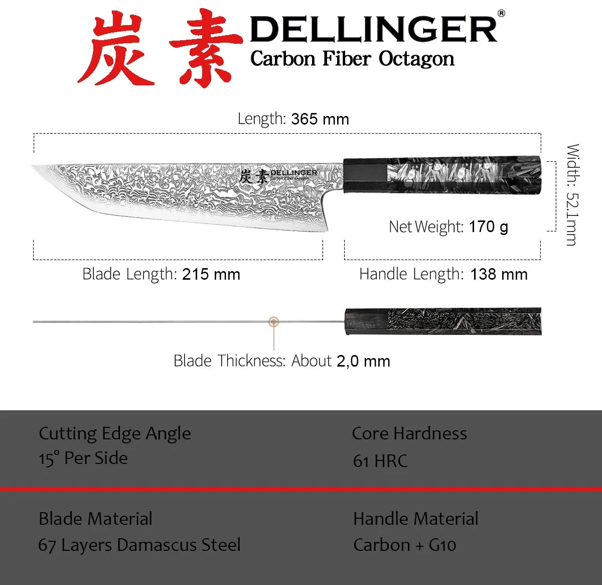 Dellinger Carbon Fiber Octagon Nóż Sakimaru 21 cm