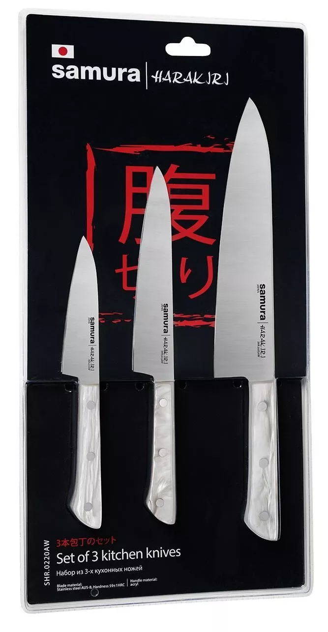 Samura Harakiri Zestaw 3 Noży Kuchennych, Ostrza 9.9/15/20.8 cm, Akryl