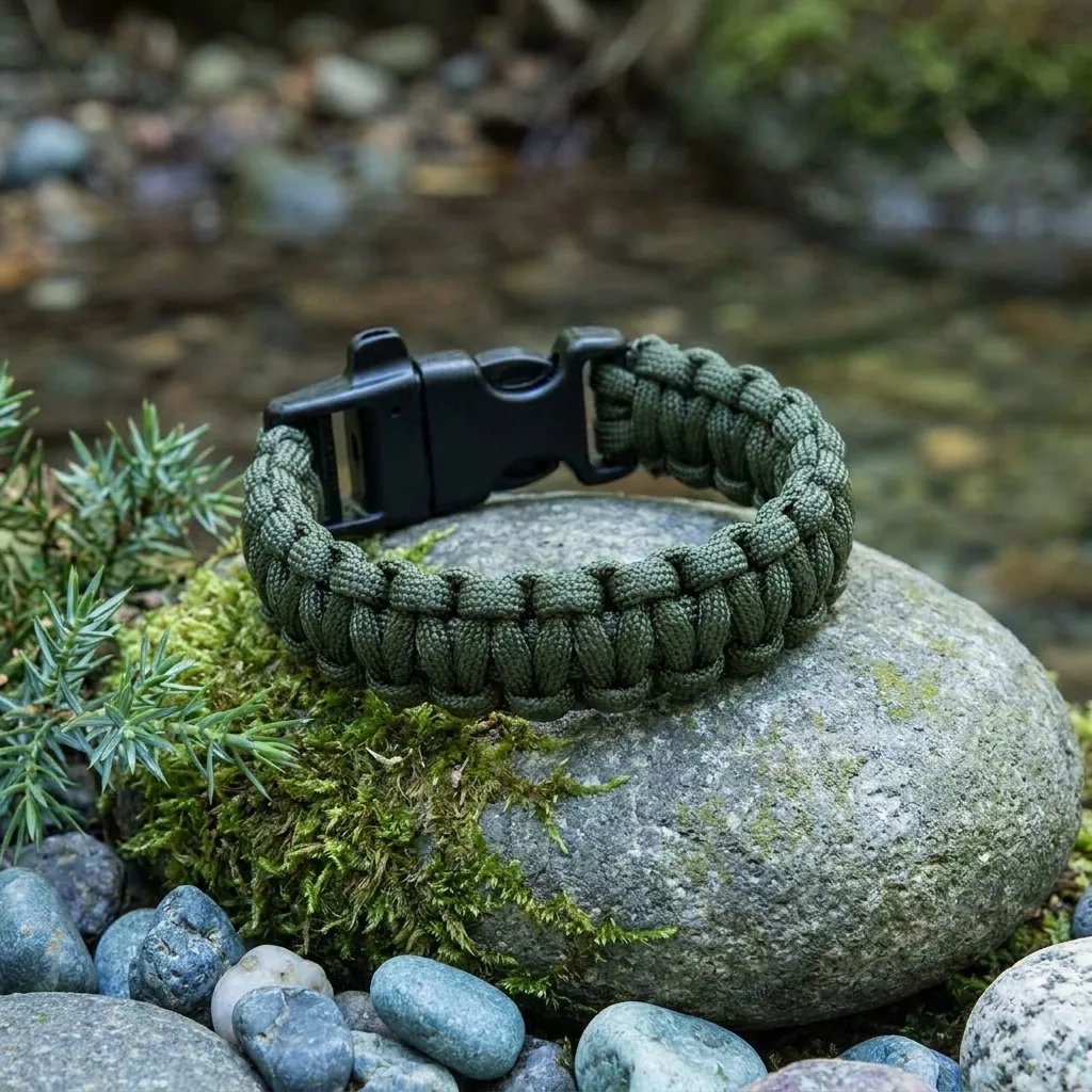 Bransoletka survivalowa paracord z gwizdkiem oliwkowa 22 cm