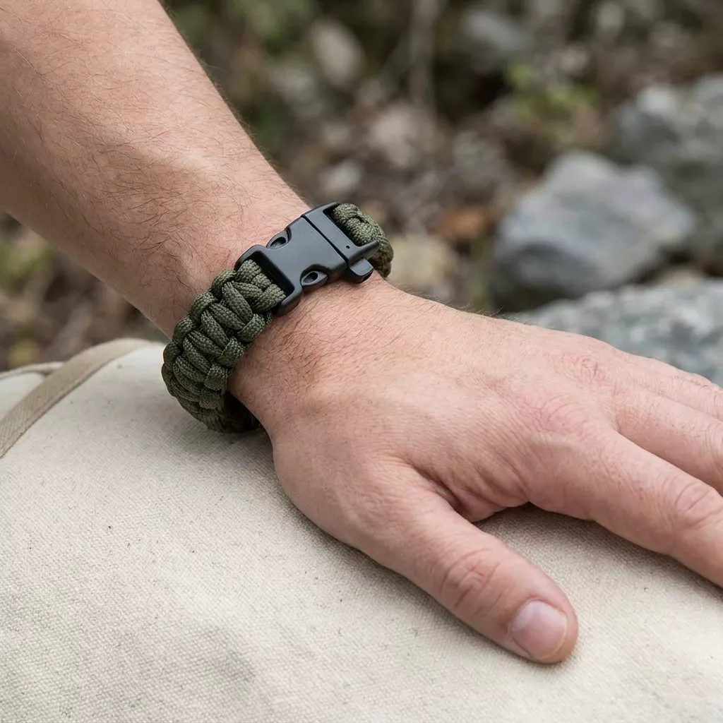 Bransoletka survivalowa paracord z gwizdkiem oliwkowa 22 cm